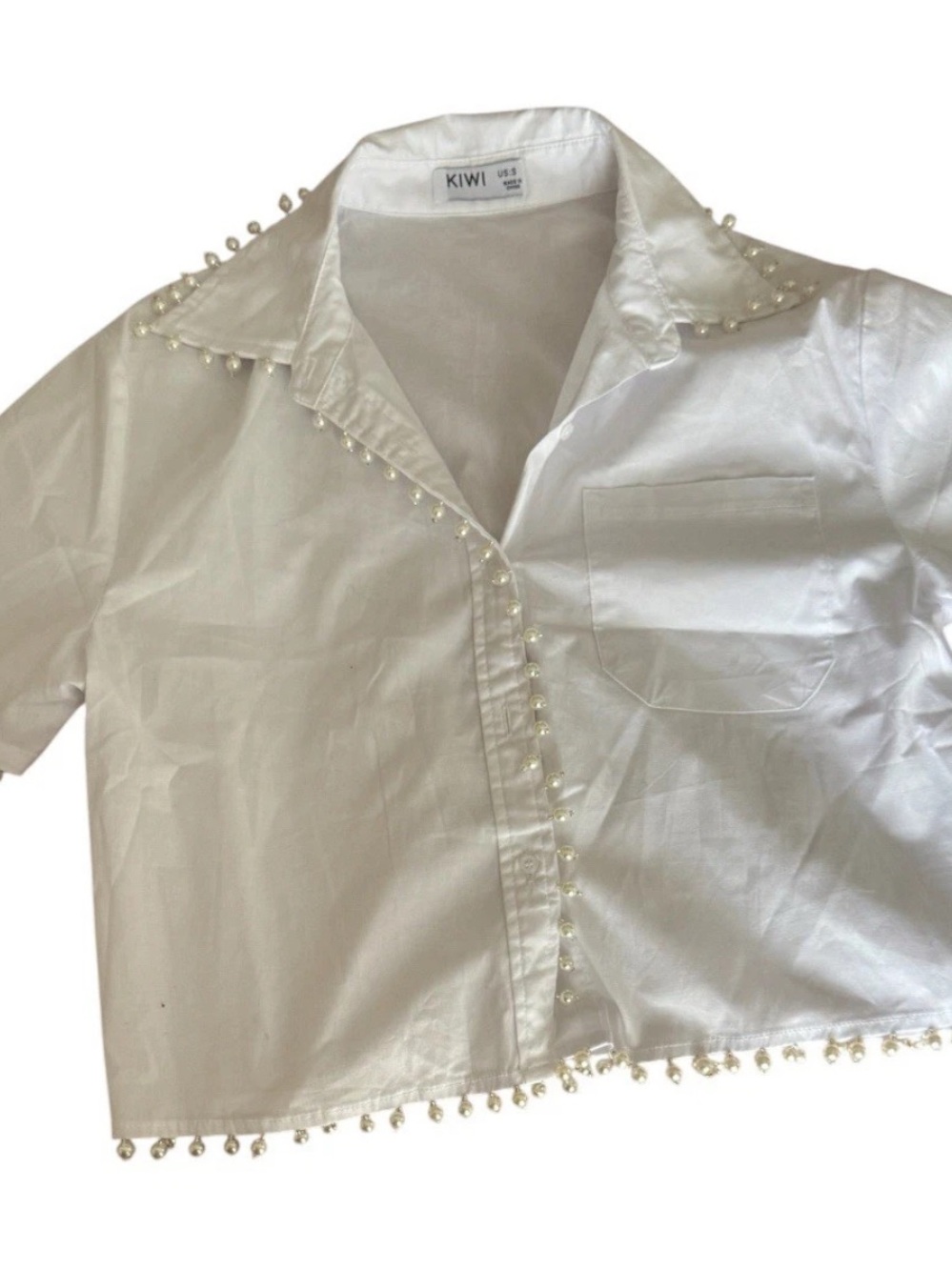 Elegant White Faux Pearl Trim Cropped Shirt Boxy Short Sleeve Button Up Small